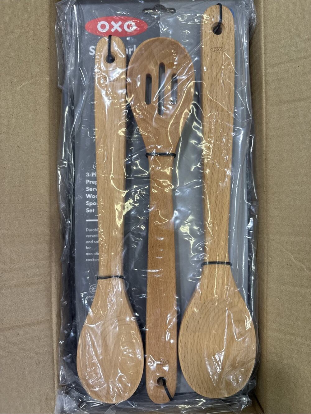 OXO Soft Works 3 Piece Prep & Serve Wooden Spoon Set Solid Beech ~ Brand NEW!